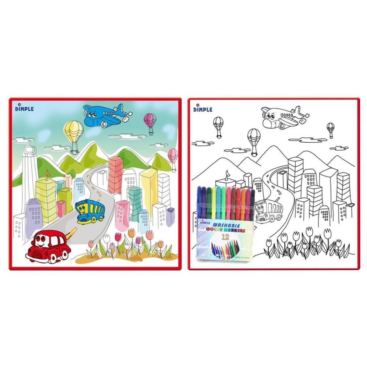 Kids Washable Coloring Play Mat City Life Design 12 Markers 19.5X19.5 Inches